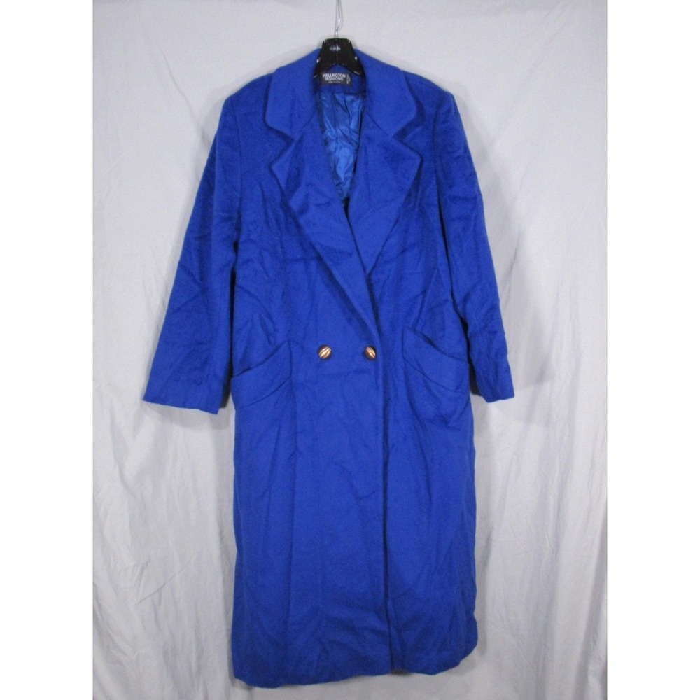 VTG WELLINGTON FASHIONS Lined WOOL Blue DOUBLE BREASTED Coat TRENCH JACKET Sz L